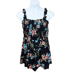 Secret Charm Dark Floral Ruffle Smocked Drawstring Waist Romper Pockets
